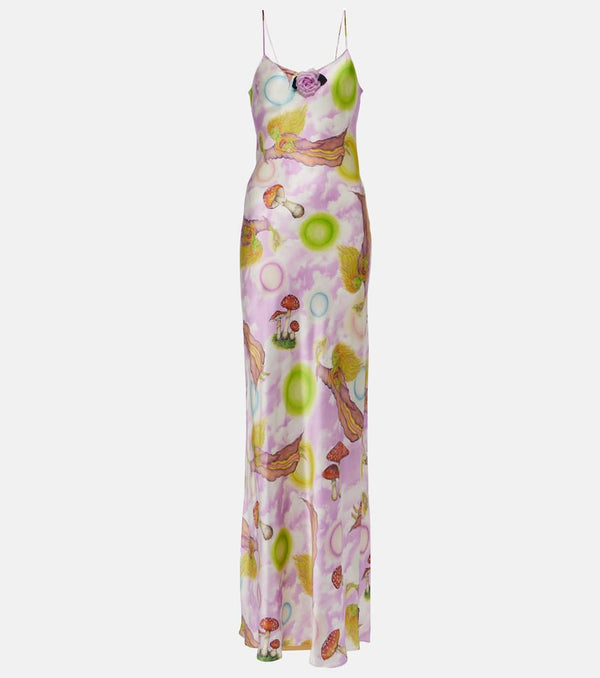 Rodarte Floral-appliqué printed silk slip dress