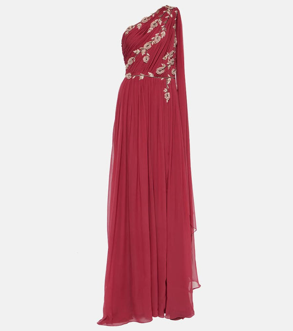 Costarellos One-shoulder embroidered silk gown