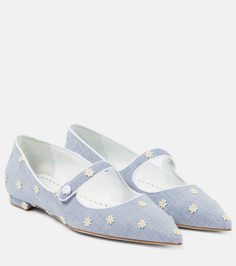 Manolo Blahnik Campari embroidered chambray Mary Jane flats