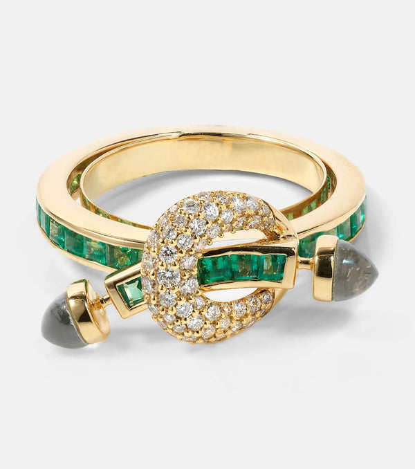 Ananya Chakra 18kt gold ring with emeralds and diamonds