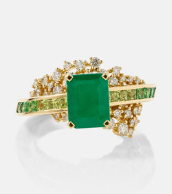 Ananya Scatter Emerald Sphere 18kt gold ring with diamonds and emeralds