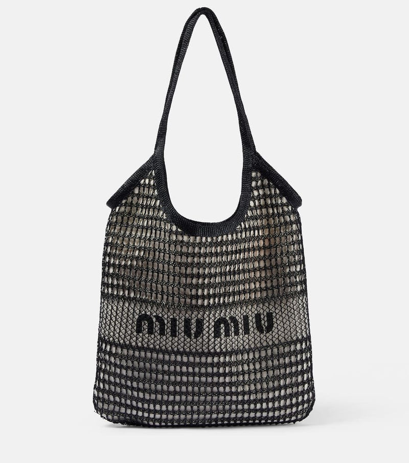 Miu Miu Logo Leather-Trimmed Crochet Tote Bag Beige