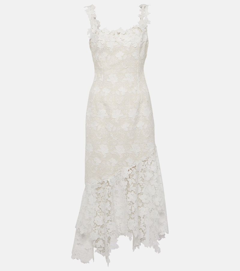 Oscar de la Renta Floral lace-trimmed tweed midi dress in Ivory