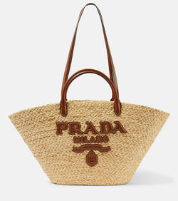 Prada Logo leather-trimmed raffia basket bag