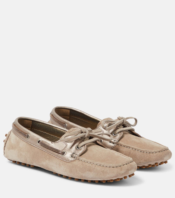 Brunello Cucinelli Leather-trimmed suede moccasins