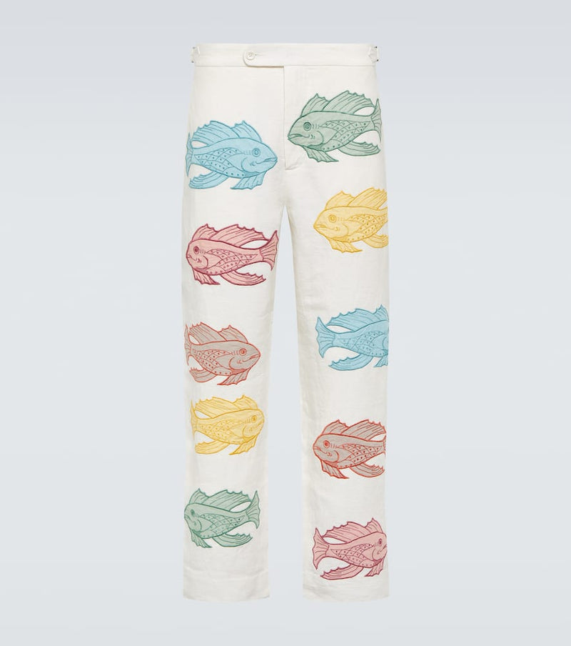 Bode Piscine appliqué linen straight pants