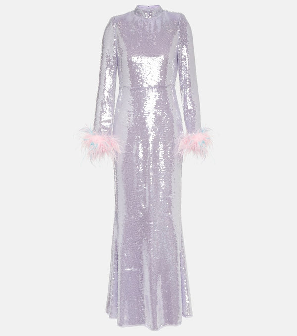 Self-Portrait Feather-trimmed sequined gown