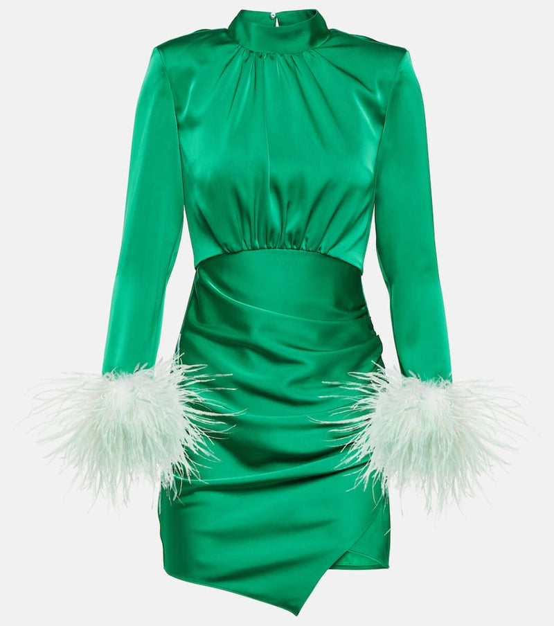 Self-Portrait Feather-trimmed cutout satin minidress