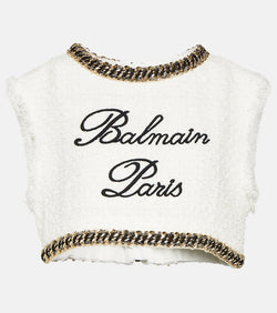 Balmain Logo chain-detail tweed crop top