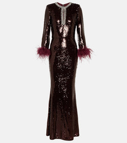 Self-Portrait Feather-trimmed sequined maxi dress