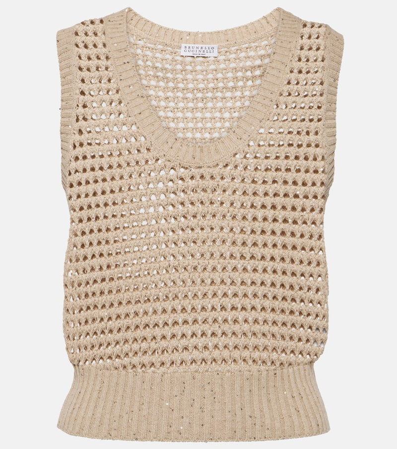 Brunello Cucinelli Sequined open-knit cotton-blend vest