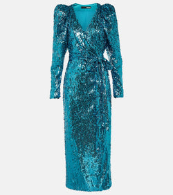 Rotate Puff-sleeve sequined wrap dress