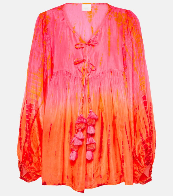 Anna Kosturova Balloon-sleeve tie-dyed pompom silk top