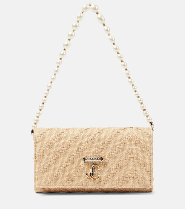 Jimmy Choo Avenue pearl-trimmed raffia wallet on chain