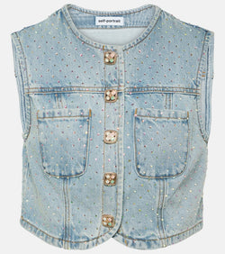 Self-Portrait Embellished denim crop top