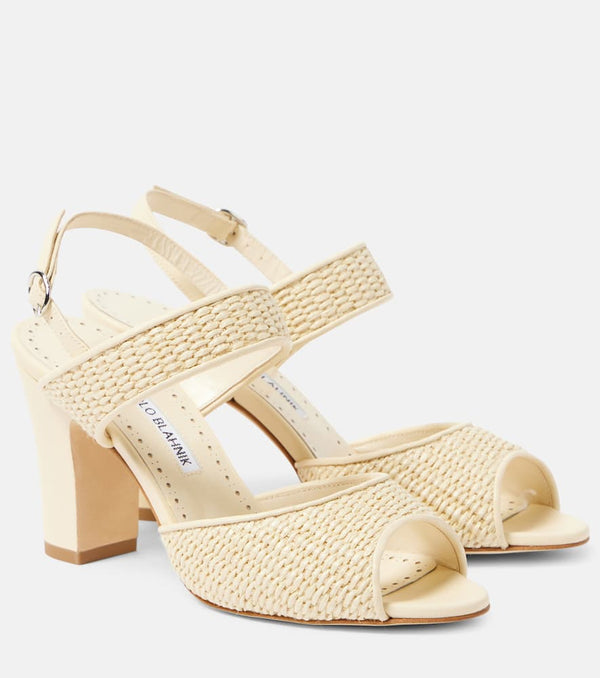 Manolo Blahnik Khiko leather-trimmed raffia sandals