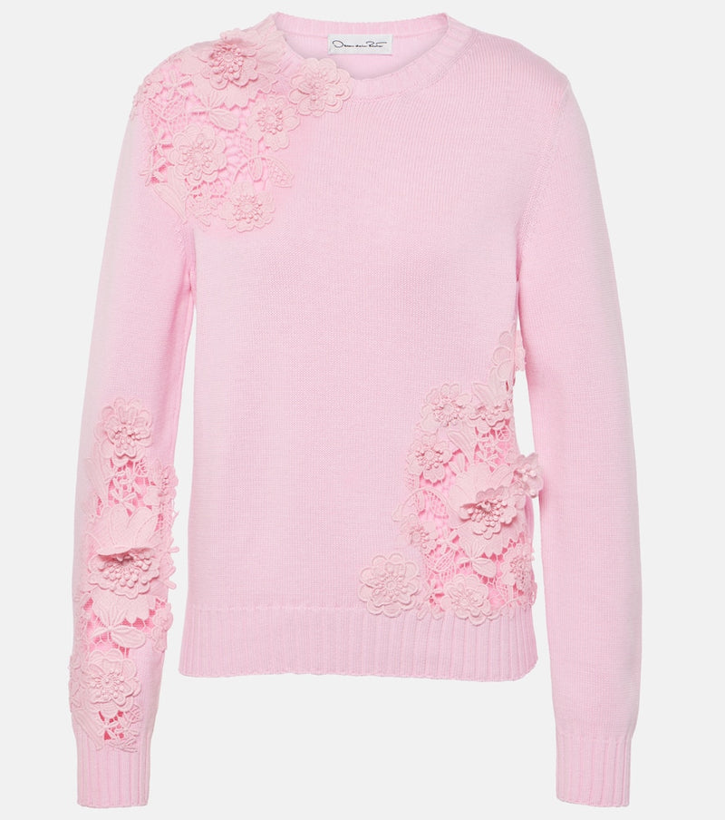 Oscar de la Renta Floral lace-trimmed cotton sweater