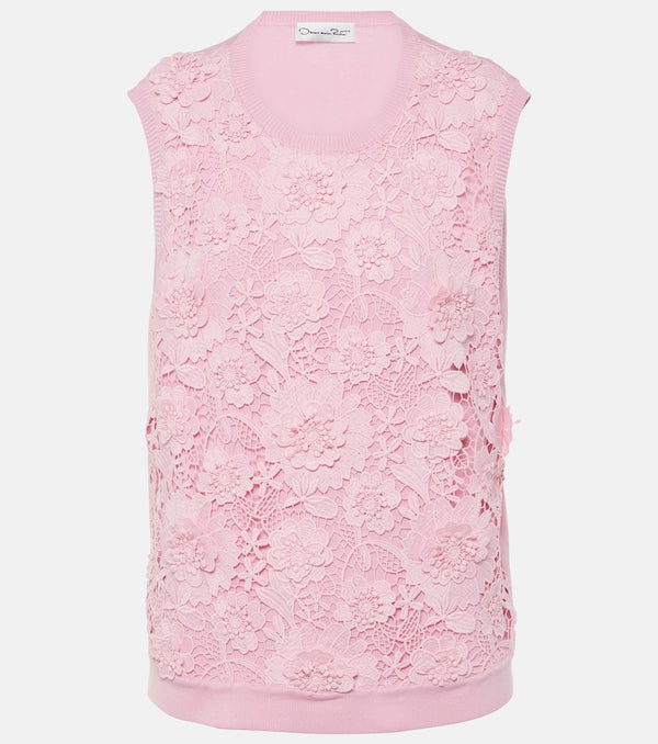 Oscar de la Renta Floral lace-trimmed silk-blend top