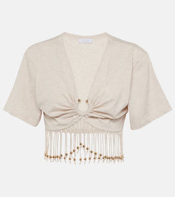 Rabanne Fringed beaded cotton jersey crop top