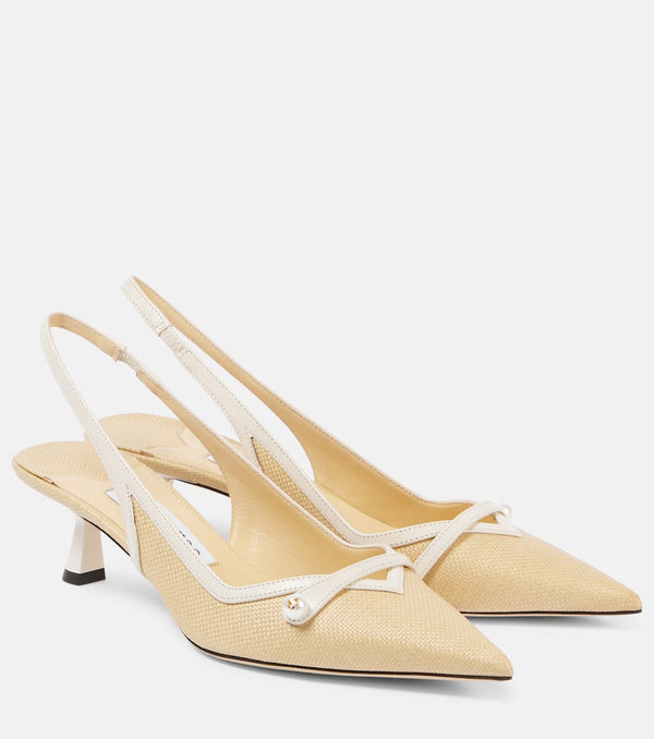 Jimmy Choo Amita 45 leather-trimmed raffia slingback pumps