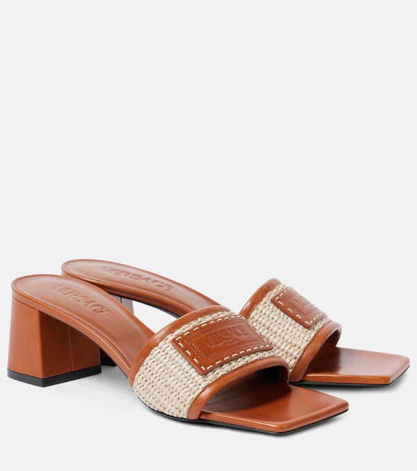 Versace Theia Barocco leather-trimmed raffia mules