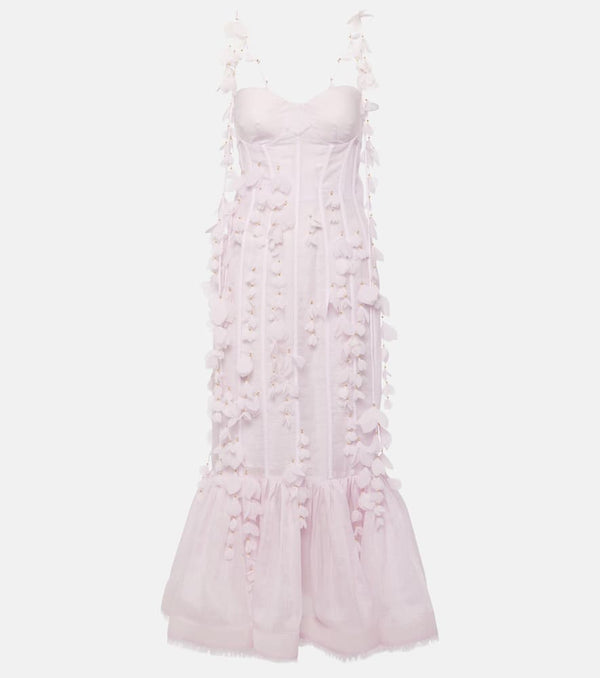 Zimmermann Floral-appliqué linen and silk bustier gown