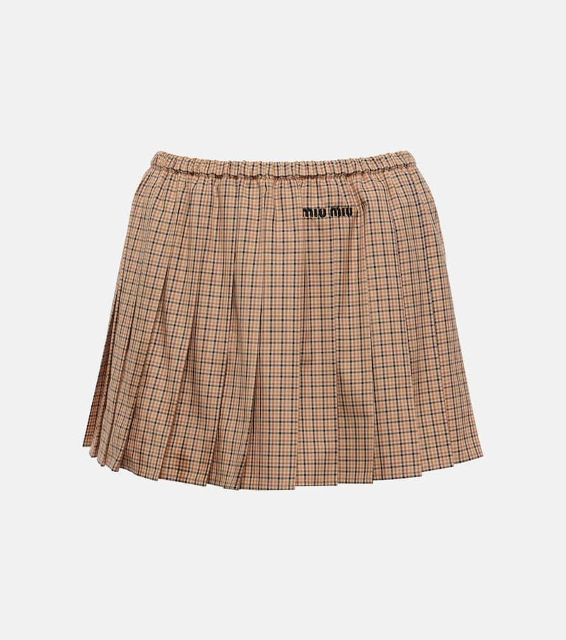 Miu Miu Logo pleated checked cotton miniskirt