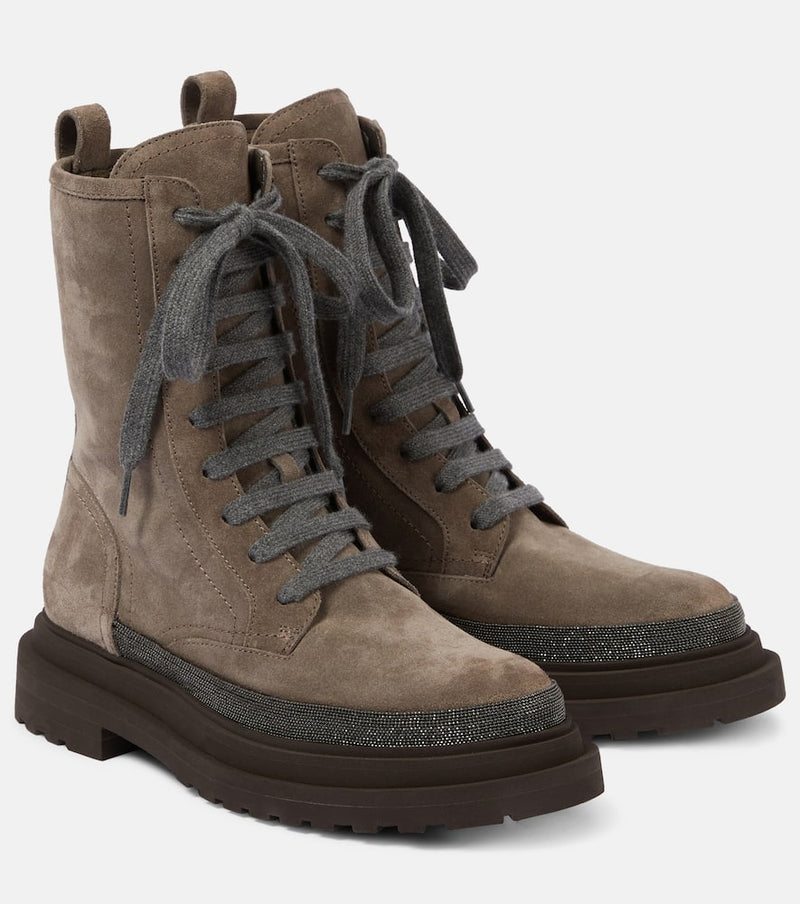 Brunello Cucinelli Monili-embellished suede combat boots