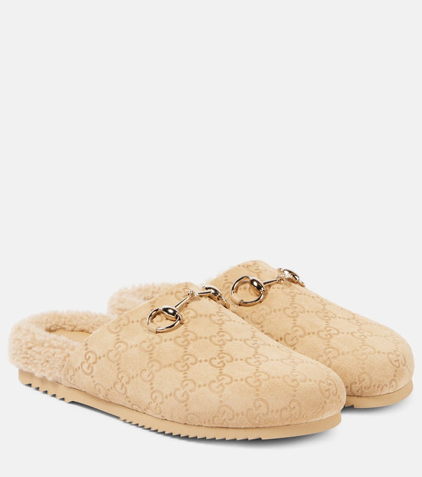 Gucci Horsebit GG shearling-lined suede mules