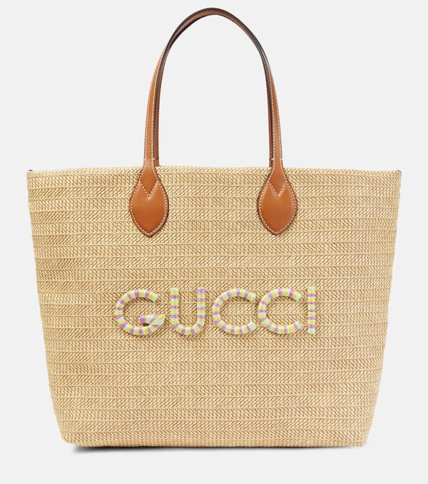 Gucci Medium logo raffia-effect tote bag