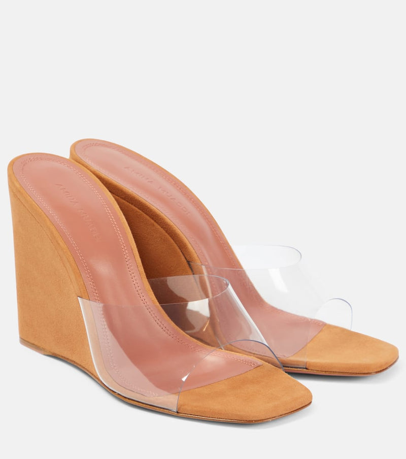 Amina Muaddi Lupita Half Glass PVC and suede wedge mules