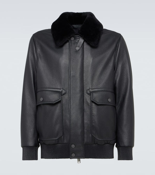 Brioni Shearling-trimmed leather bomber jacket