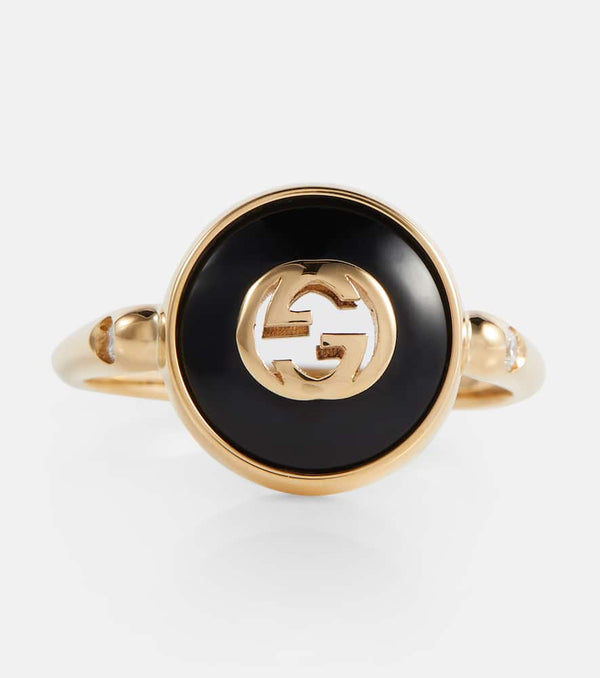 Gucci Interlocking G 18kt gold ring with onyx and white diamonds