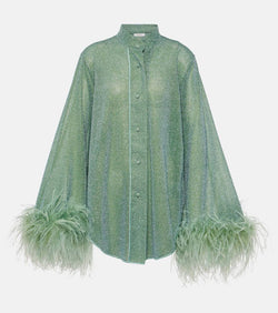 Oséree Lumière Plumage feather-trimmed lamé shirt