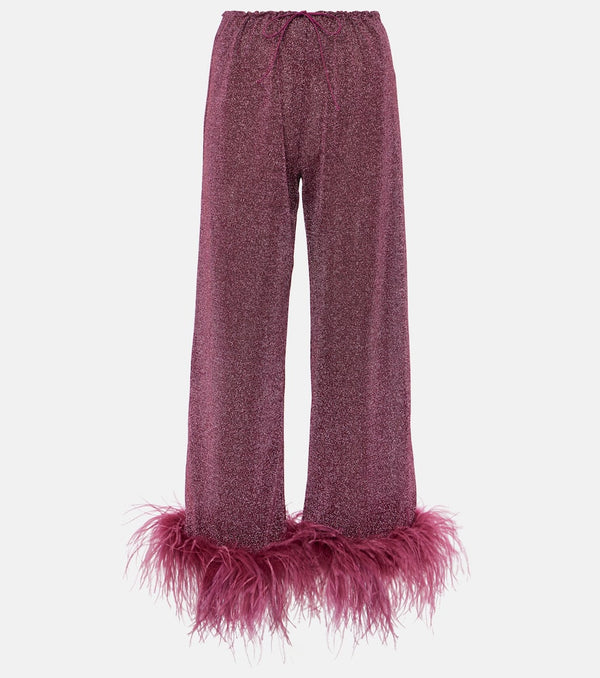 Oséree Lumière Plumage feather-trimmed lamé pants