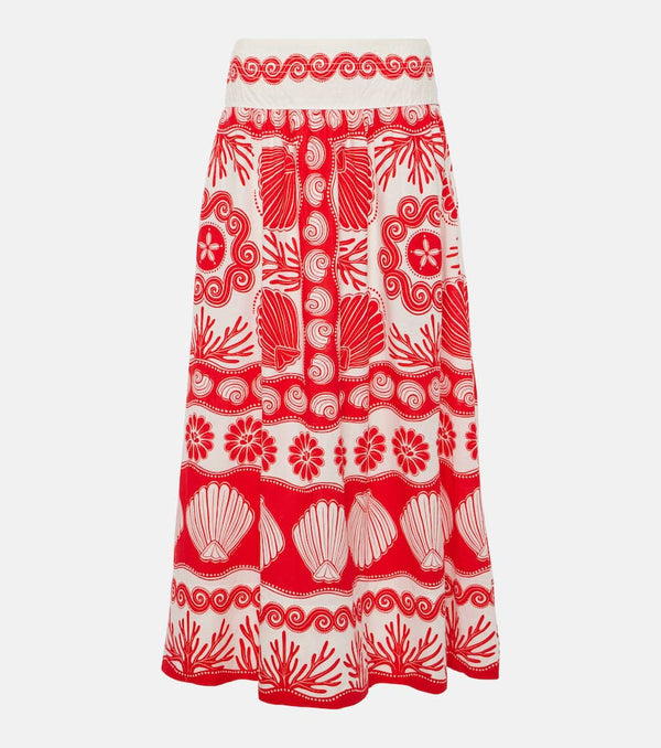 Farm Rio Red Ainika Shell linen-blend maxi skirt