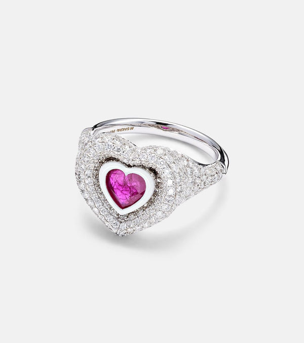 Kamyen Manaal 2.0 Heart 18kt white gold pinky ring with ruby and diamonds