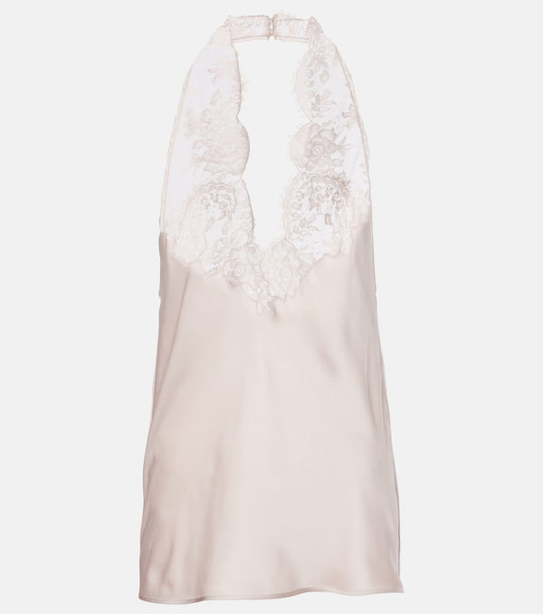 Saint Laurent Lace-trimmed halterneck silk charmeuse top