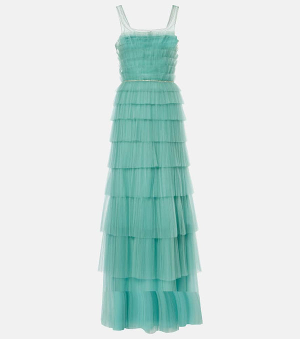 Costarellos Kali embellished tulle-trimmed plissé gown