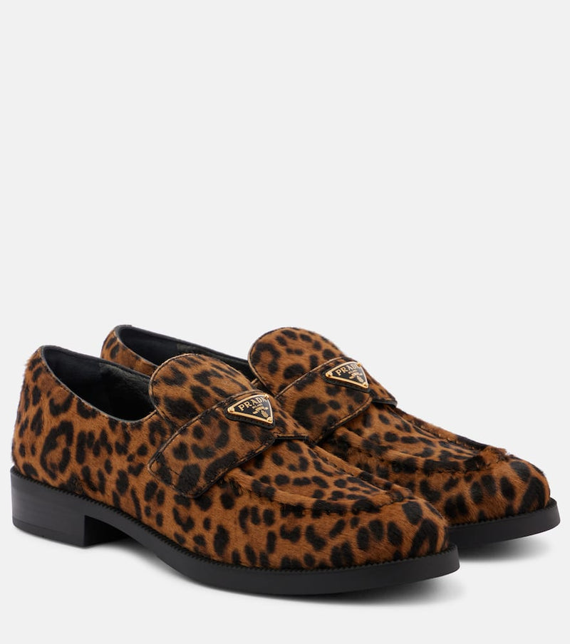 Prada Logo leopard-print calf hair loafers