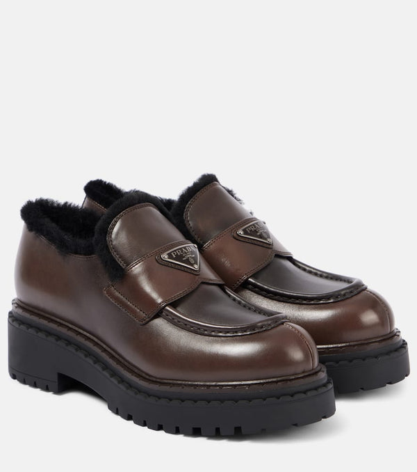 Prada Shearling-lined brushed leather loafers