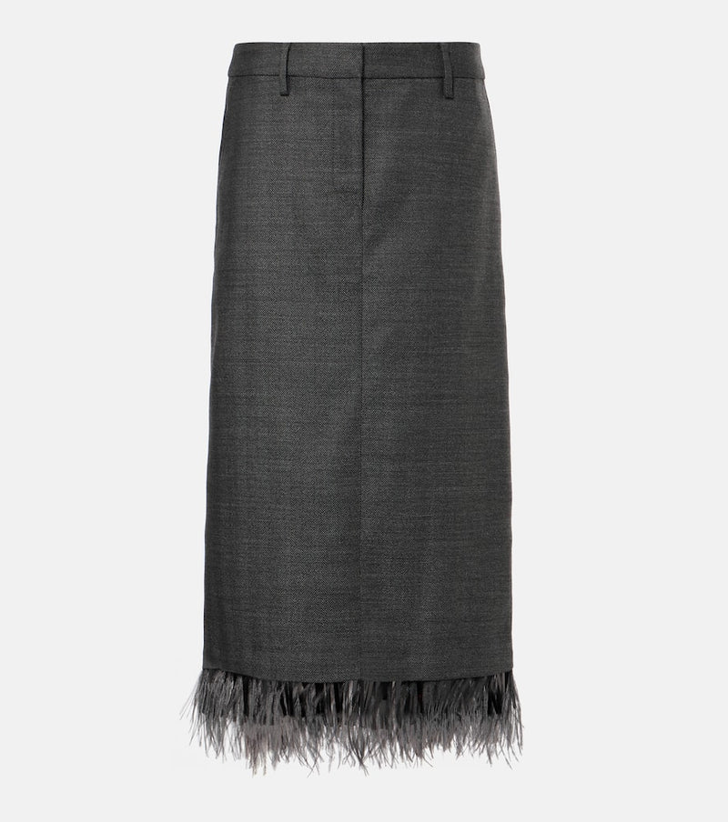 Brunello Cucinelli Feather-trimmed virgin wool midi skirt