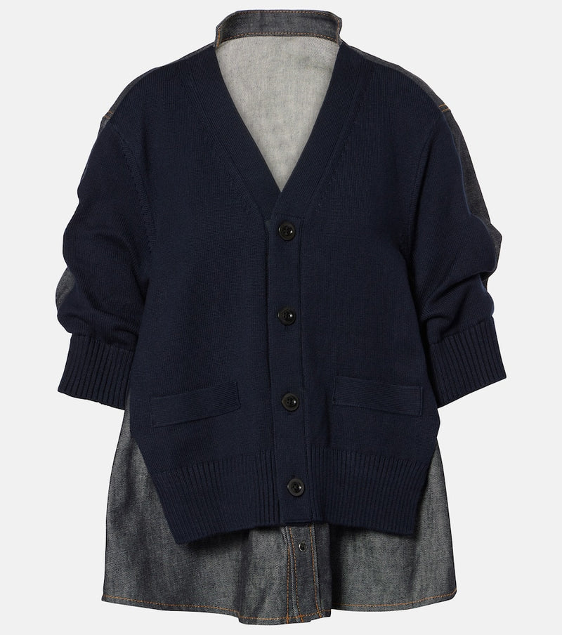 Sacai Knitted cotton-blend and denim cardigan