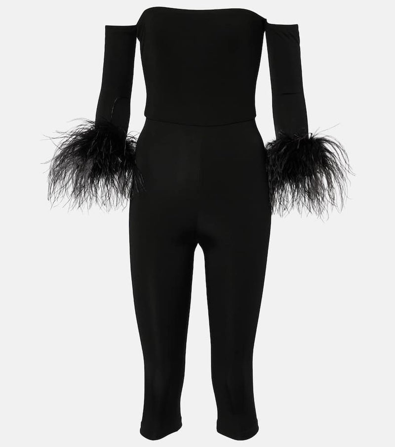 The New Arrivals Ilkyaz Ozel Feather-trimmed off-shoulder jumpsuit