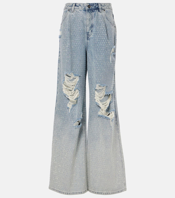 Self-Portrait Embellished distressed wide-leg jeans