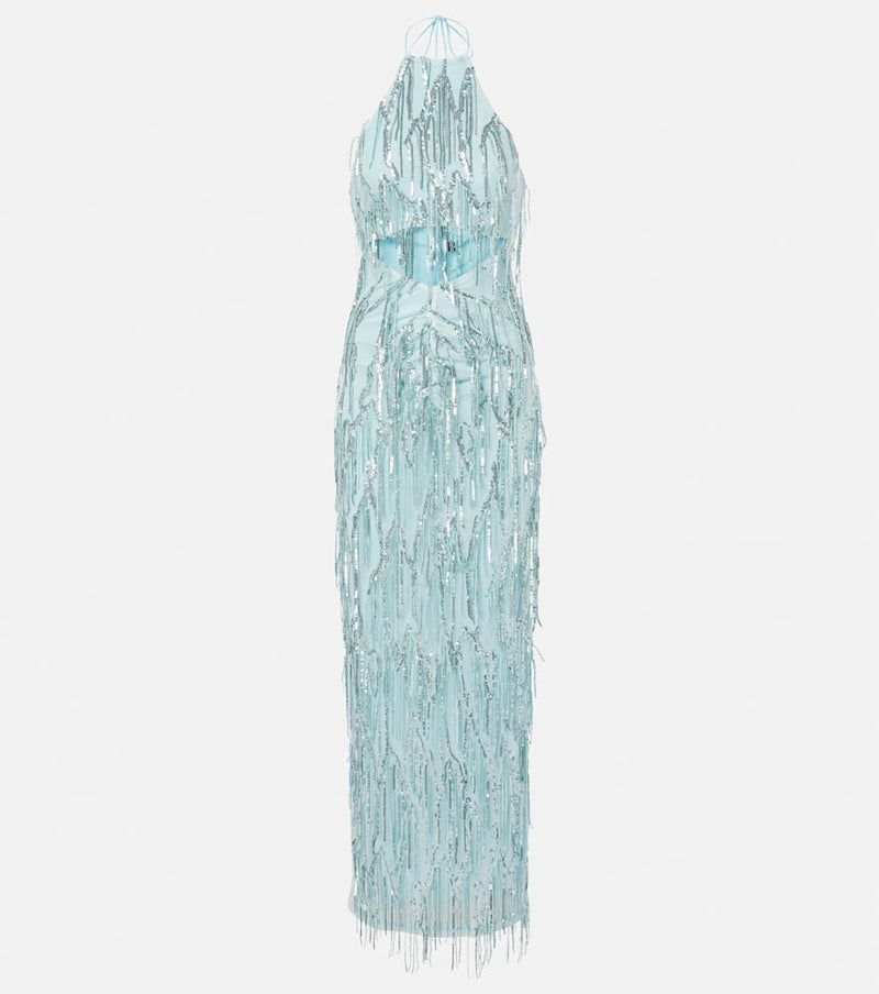 Rotate Cutout fringed sequined maxi dress