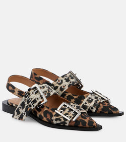 Ganni Leopard-print satin slingback flats