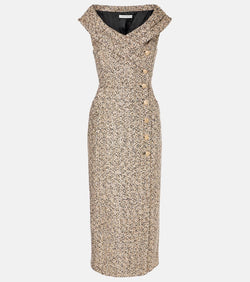 Alessandra Rich Off-shoulder tweed lamé midi dress