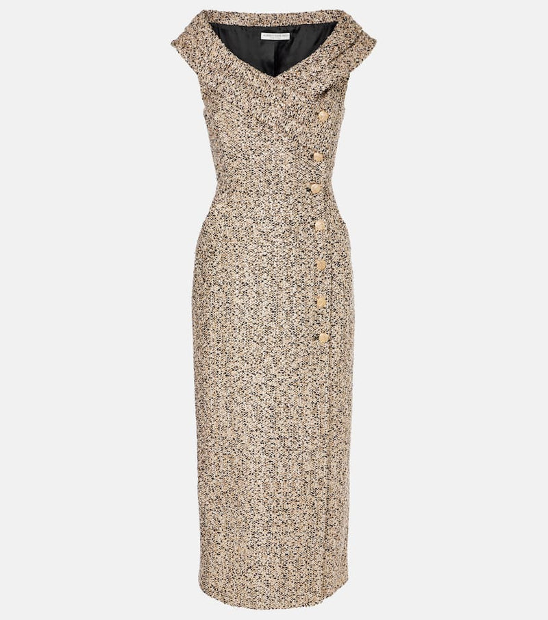 Alessandra Rich Off-shoulder tweed lamé midi dress