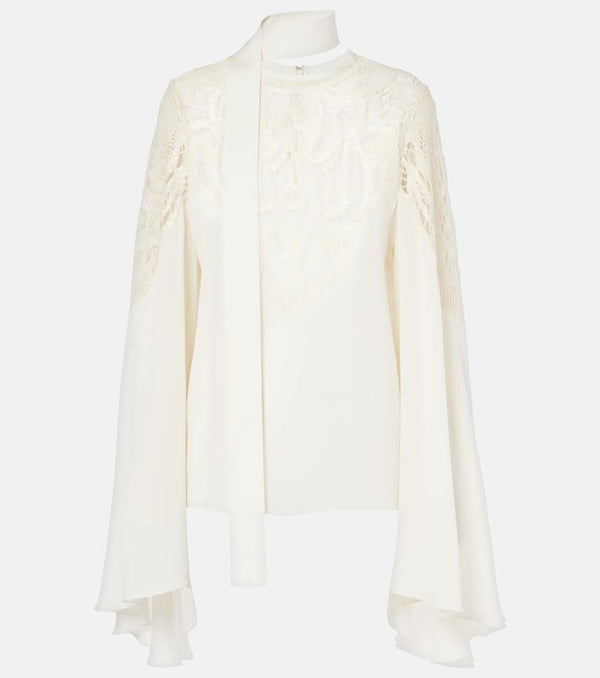 Elie Saab Lace-trimmed tie-neck georgette blouse